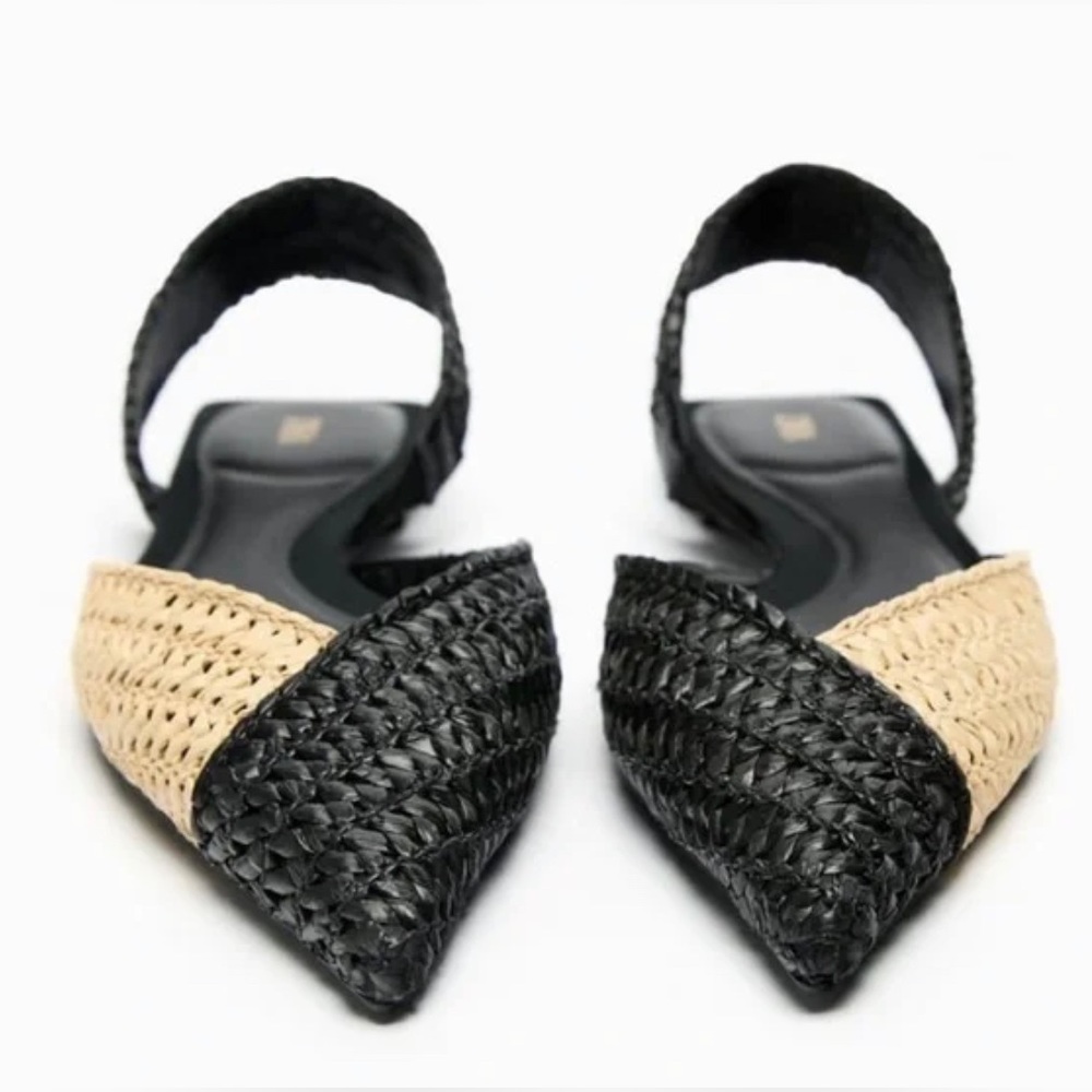 Zara Black and Beige Braided Pointed-Toe Flats